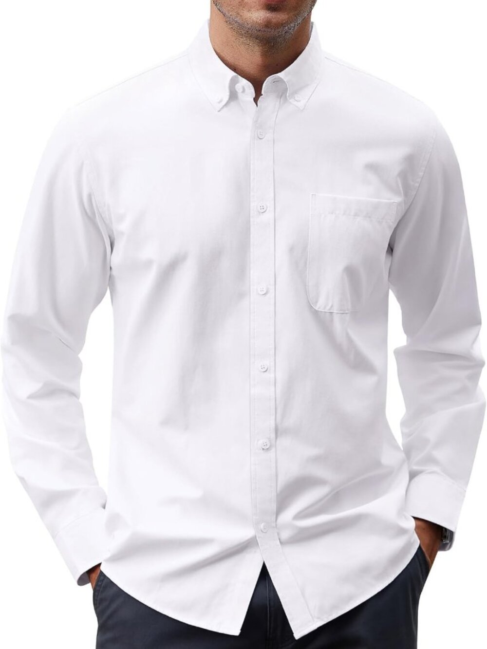 Stylish Men's Long Sleeve Oxford Shirt - Casual Button Down with Pocket, Solid